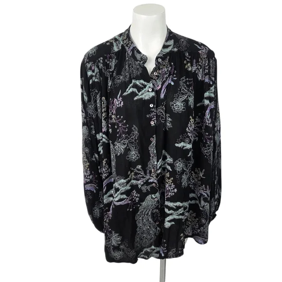 Free People Metallic Blooms Peacock Blouse Button Down Womens Medium Black - Picture 2 of 16